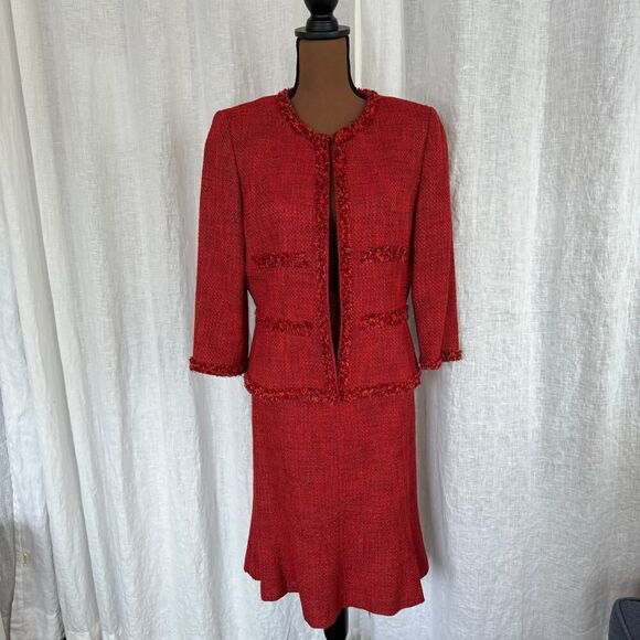Vintage 90s Kasper Red-Orange Fringed Tweed Blazer & Skirt Suit Set, Size Medium - Picture 6 of 11